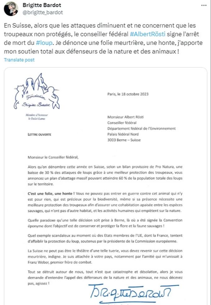 Brigitte Bardot wendet sich in einem offenen Brief an Albert Rösti. bardot
