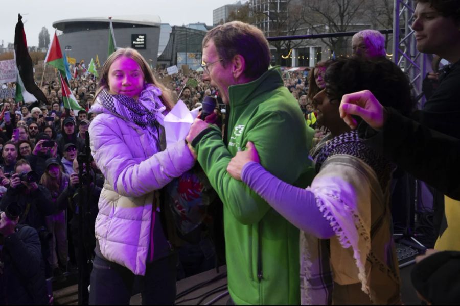 Nach den Reden der zwei Frauen ergriff wieder Greta Thunberg das Wort, doch wurde von einem Unbekannten unterbrochen, der auf die Bühne stürmte.