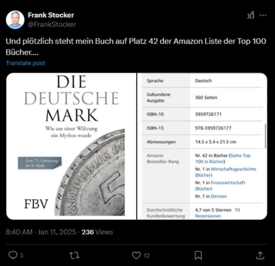 Sie hält dabei das Buch «Die Deutsche Mark – wie aus einer Währung ein Mythos wurde» in die Kamera.