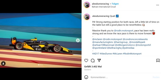 Alexander Dunne gewinnt das Rennen in der Formel 2 in Bahrain. Formel 2