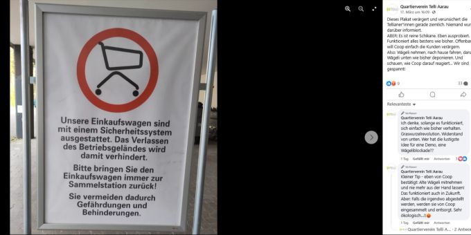 Schilder am Telli-Center in Aarau informieren darüber, dass Kunden ihre Einkäufe mit dem Einkaufswagen nicht mehr bis nach Hause bringen können. Telli Einkaufswagen
