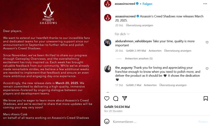 Der Hersteller gab die Aufschiebung von «Assassin's Creed Shadows» auf Instagram bekannt. assassin's creed shadows