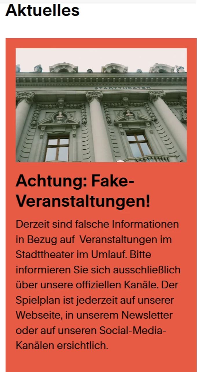 Inzwischen warnt Bühnen Bern vor den Fake-Veranstaltungen. Bühnen Bern