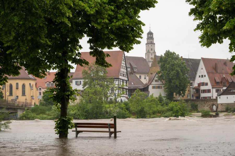 01.06.2024, Bayern, Lauingen: In Lauingen ist die Donau über die Ufer getreten.