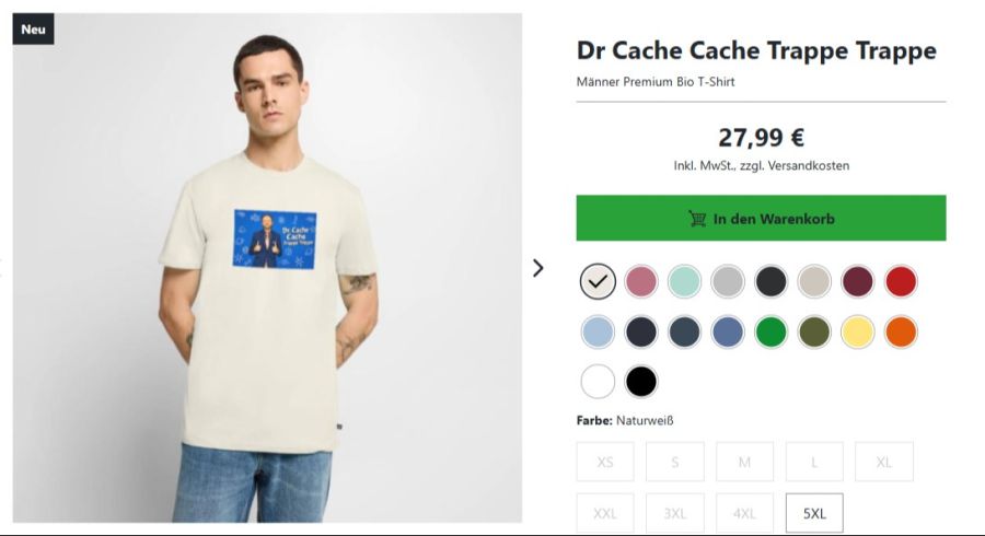 Das Motiv «Dr. Cache Cache Trappe Trappe» ist laut Janisch aktuell sein Bestseller. Der Spruch spielt auf ein virales Meme über ihn an.