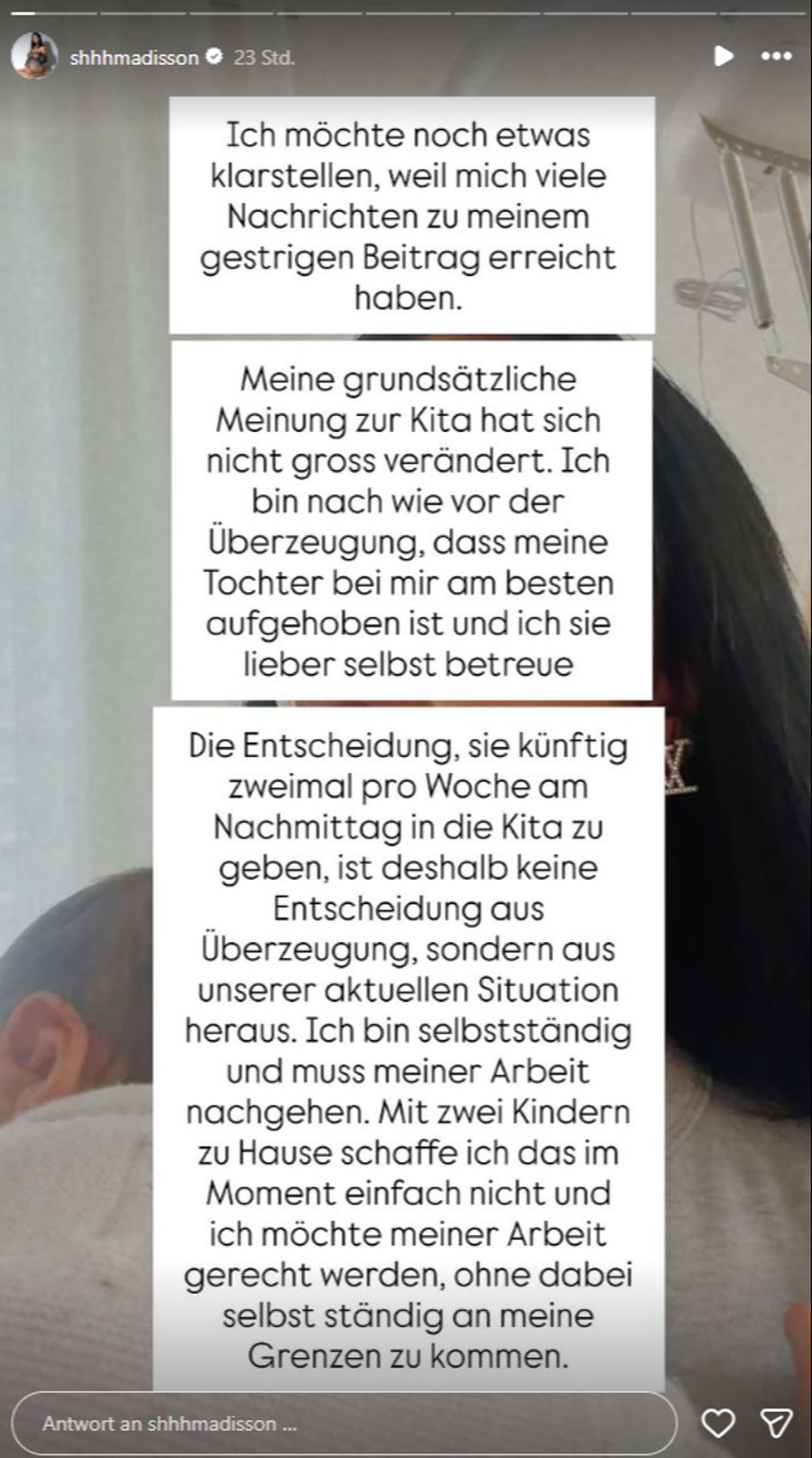 Mia Madisson erklärt, warum sie ihre ältere Tochter künftig in die Kita geben will.