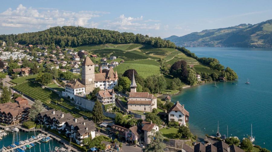 Das Schloss Spiez und die dazugehörige Schlosskirche thronen über dem Thunersee.