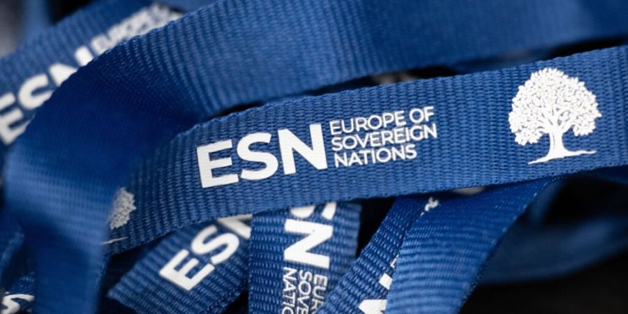 ARCHIV - Das Logo der europäischen Partei ESN Europe of Sovereign Nations auf Schlüsselbändern auf dem Landesparteitag der AfD Sachsen im Messe- und Veranstaltungspark Löbau. Foto: ...