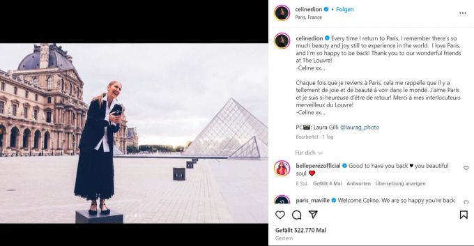 Céline Dion ist in Paris und zeigt sich auf Instagram vor dem Louvre. Bei der Olympia-Eröffnungsfeier wird sie wohl auftreten – gemeinsam mit Lady Gaga? Céline Dion Olympia Louvre