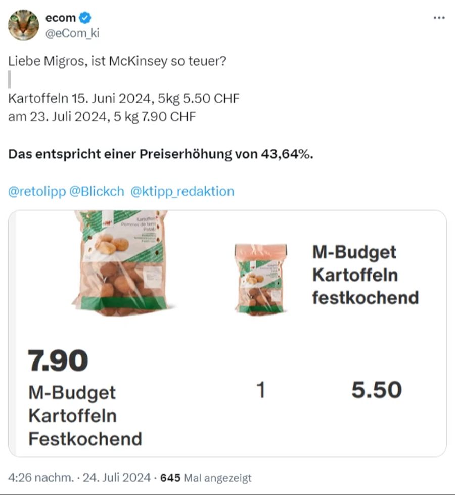 Bei der Migros sind die M-Budget-Kartoffeln deutlich teurer geworden.