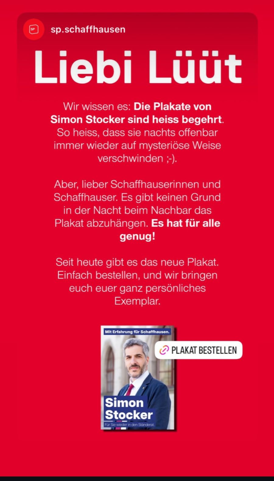 Die SP Schaffhausen nahm das Problem in einem Instagram-Post humorvoll auf.