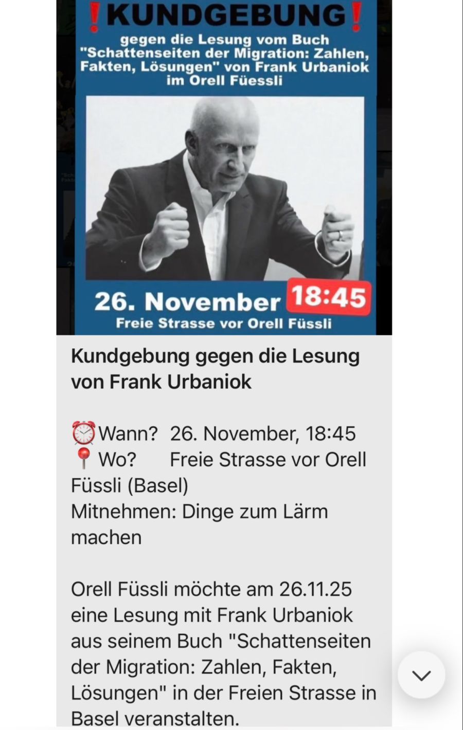 Über die sozialen Medien wurde zu der Demonstration gegen Frank Urbaniok aufgerufen.