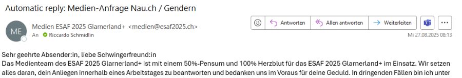 Sogar in der automatischen Antwort auf die Medien-Anfrage wird gegendert.