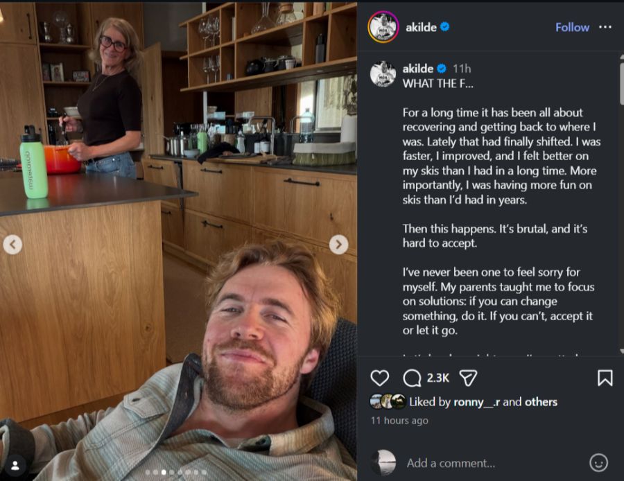 Aleksander Kilde lächelt bei einem Selfie in die Kamera. Er schreibt, er brauche ein bisschen Zeit, um die Verletzung zu verarbeiten.