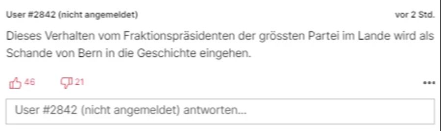 Ein Nau.ch-Leser betitelt das Verhalten von Thomas Aeschi als «Schande von Bern».