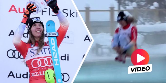 Sprung in Pool - Hier feiert Camille Rast ihren Premieren-Sieg