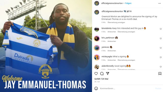 Jay Emmanuel-Thomas unterschrieb erst im Sommer beim schottischen Zweitligisten Greenock Morton. Jay Emmanuel-Thomas