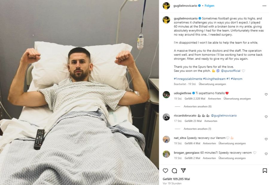 Tottenham-Goalie Guglielmo Vicario meldet sich aus dem Spital.