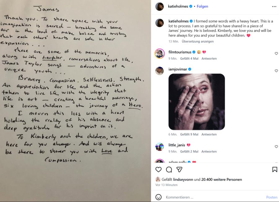 Auch Katie Holmes ist von James’ Tod tief getroffen. Auf Instagram teilte sie einen emotionalen Brief an ihren langjährigen Schauspielkollegen und fügte hinzu: «Ich bin so dankbar, dass ich einen Teil von James’ Reise miterleben durfte.»