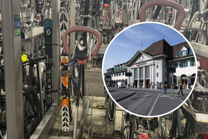 Skier am Bahnhof Thun