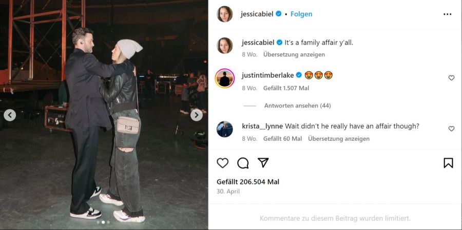 Justin Timberlake und Jessica Biel zeigen sich Ende April noch verliebt auf seiner Welt-Tournee.