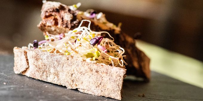 Sprossen und Keimlinge werten das Sandwich auf – nicht nur optisch, sondern auch in Sachen Nährstoffe. Allerdings besteht die Gefahr, sich unerwünschte Bakterien auf die Stulle zu holen. Brot Sandwisch Sprossen Schieferbrett