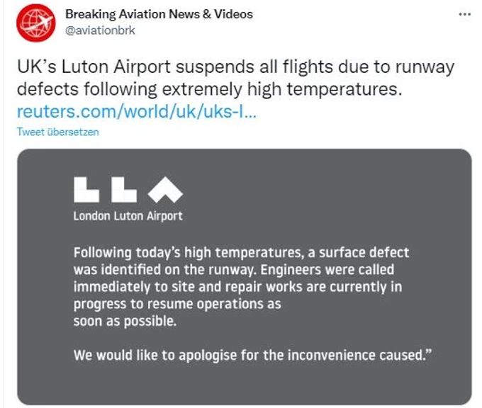 Der Flughafen Luton in London musste am Montag wegen einem geschmolzenen Rollfeld den Flugverkehr unterbrechen. London Luton Flughafen