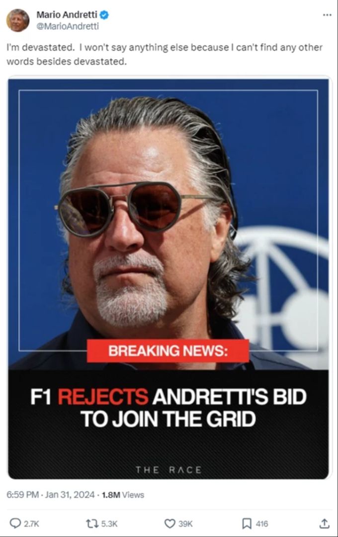 Auch Vater von Michael Andretti, Mario, ist mit der Entscheidung gar nicht zufrieden. Mario Andretti Formel 1