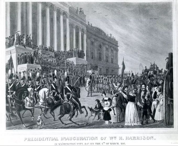 Ein Bild der Amtsübergabe an William Henry Harrison am 4. März 1841. William Henry Harrison