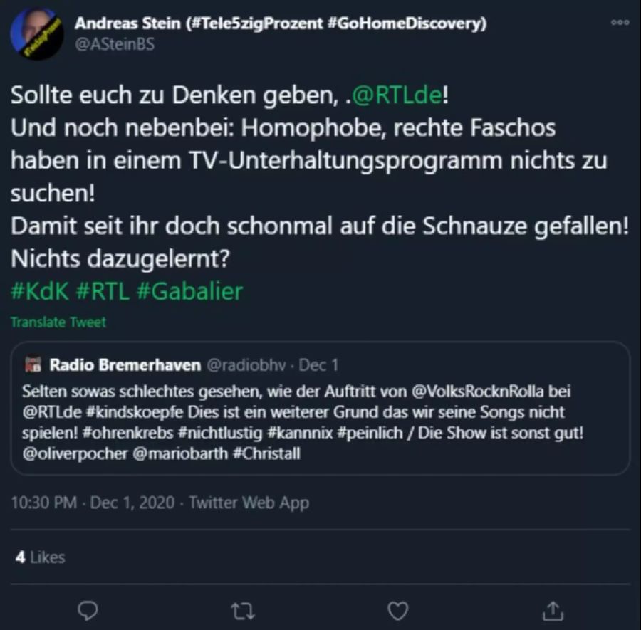 Ein weiterer User schreibt wütend: «Homophobe, rechte Faschos haben in einem TV-Unterhaltungsprogramm nichts zu suchen!»