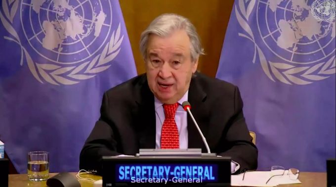 In diesem Standbild aus einem vom UNTV zur Verfügung gestellten Video spricht Antonio Guterres, Generalsekretär der Vereinten Nationen, während einer Videokonferenz. UN-Sicherheitsrat fordert Durchsetzung eines weltweiten Impfplans