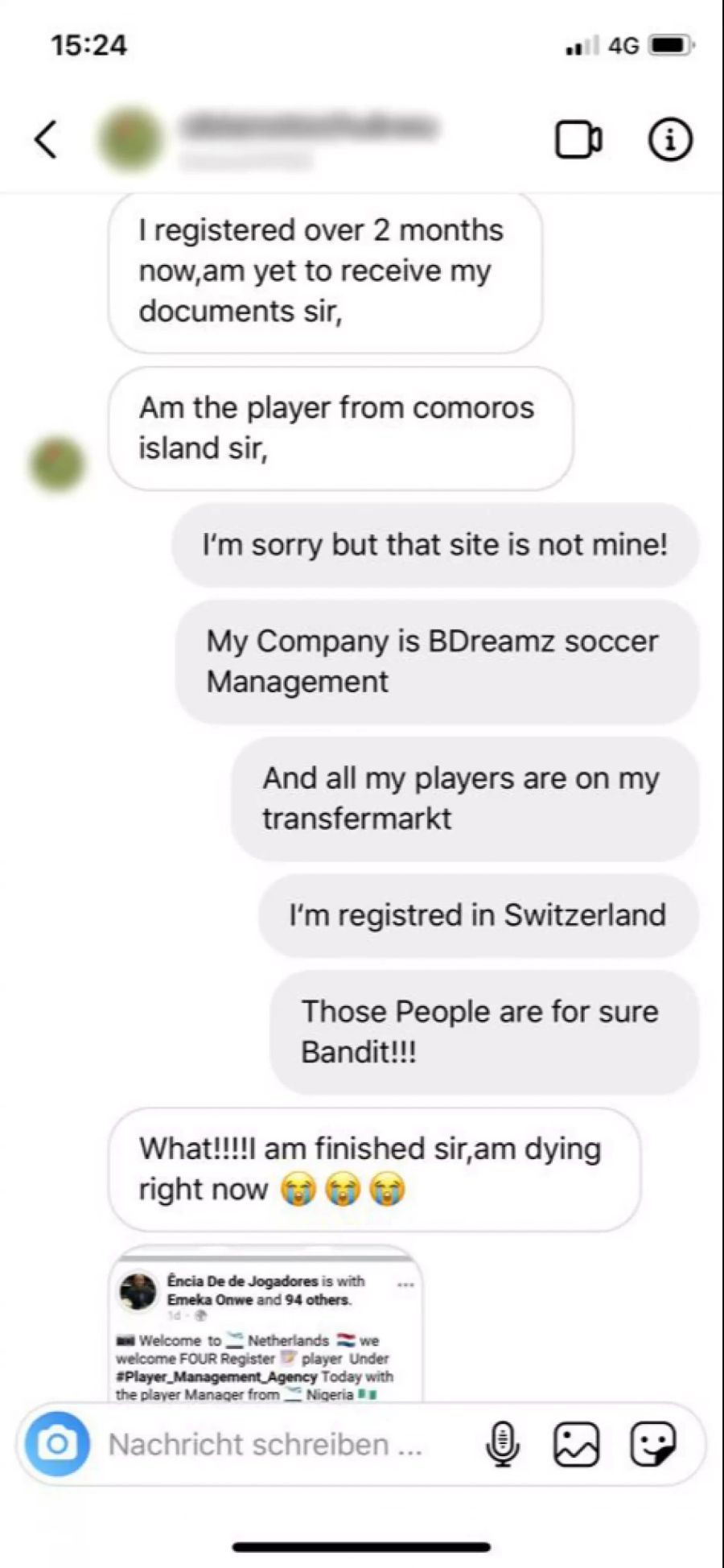 Diese Nachrichten schickte das Betrugsopfer auf Instagram an Patrick Bengondo.