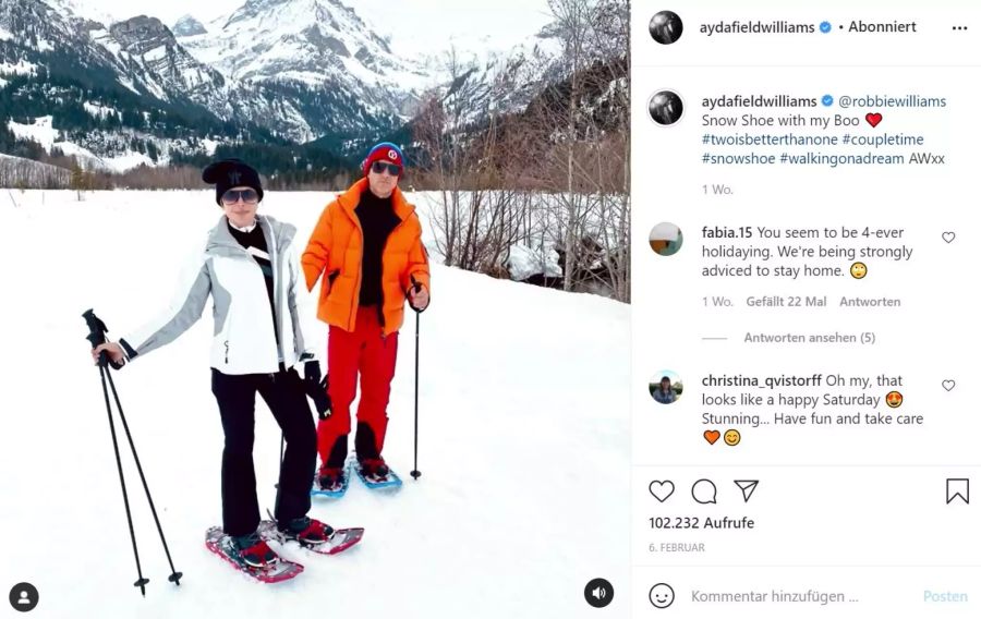 Robbie Williams und Ayda beim Schneeschuhlaufen am Lauenensee.