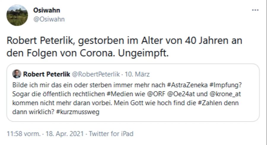 Ein Twitter-User kritisiert Robert Peterlik.