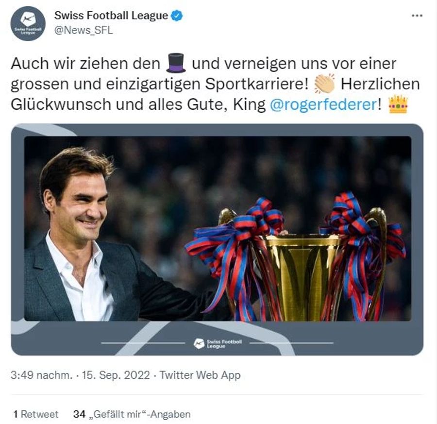 Auch die Swiss Football League zieht den Hut vor Roger Federer.