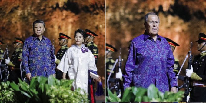 Xi Jinping (l) und Sergej Lawrow erscheinen in nahezu identischem Outfit am G20-Empfangsdinner. G20-Gipfel