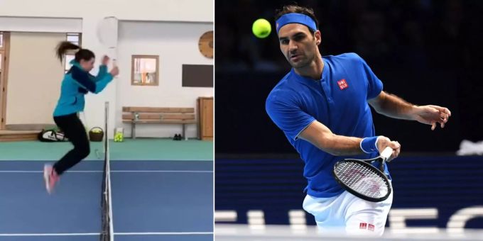 Tina Weirather springt über ein Tennis-Netz, Roger Federer spielt einen Stoppball. Tina Weirather springt über ein Tennis-Netz