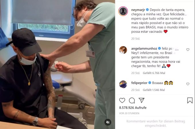 Neymar teilt den Moment der Corona-Impfung mit seinen Fans auf Instagram. Neymar