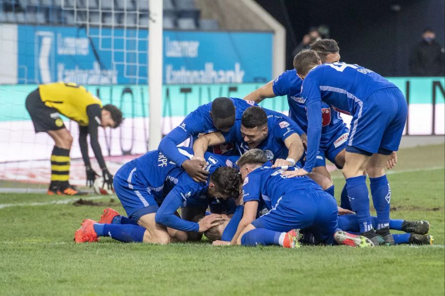 Die Spieler vom FC Luzern jubeln nach dem Tor von Marvin Schulz.