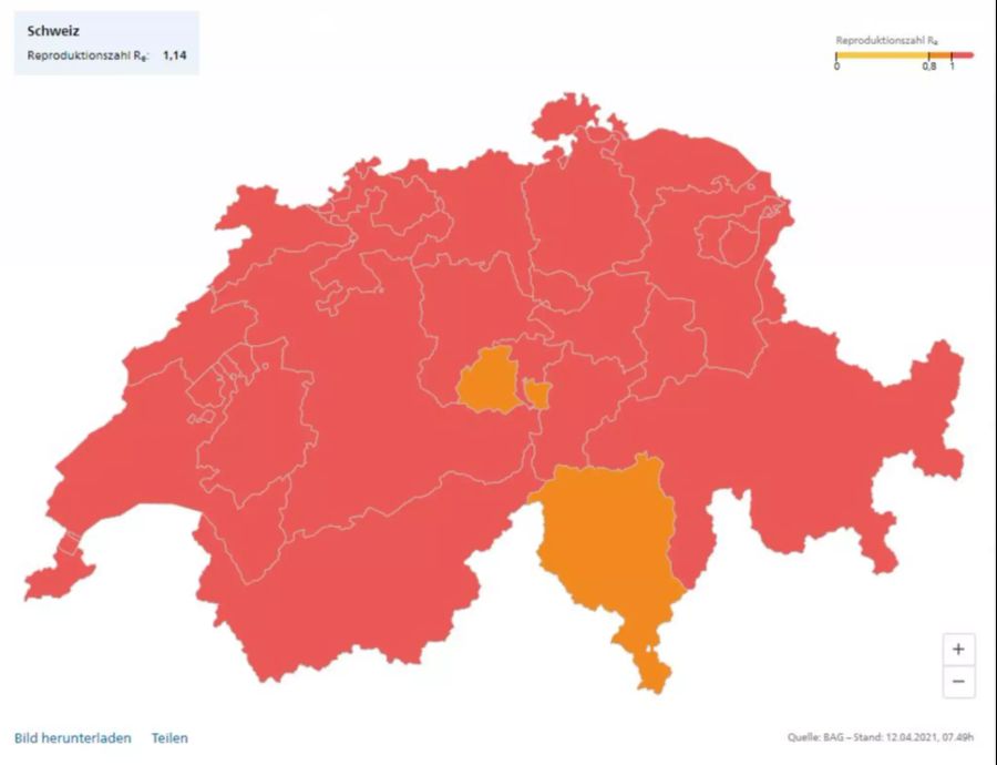 Am Montag dann zeigt sich plötzlich ein tiefrotes Bild. Gemäss neusten Schätzungen ist das Coronavirus fast überall auf dem Vormarsch.