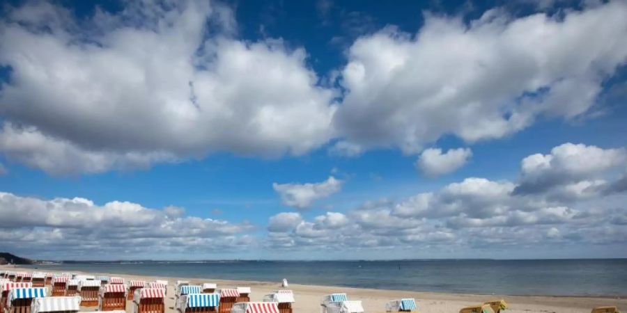 Geschlossene Strandkörbe stehen auf einem fast menschenleeren Strand an der Ostsee. Foto: Christian Charisius/dpa
