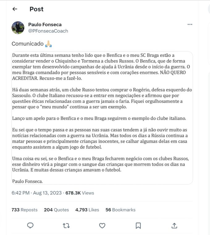 Paulo Fonsecas Statement auf Twitter im portugiesischen Wortlaut. Paulo Fonseca Twitter Botschaft