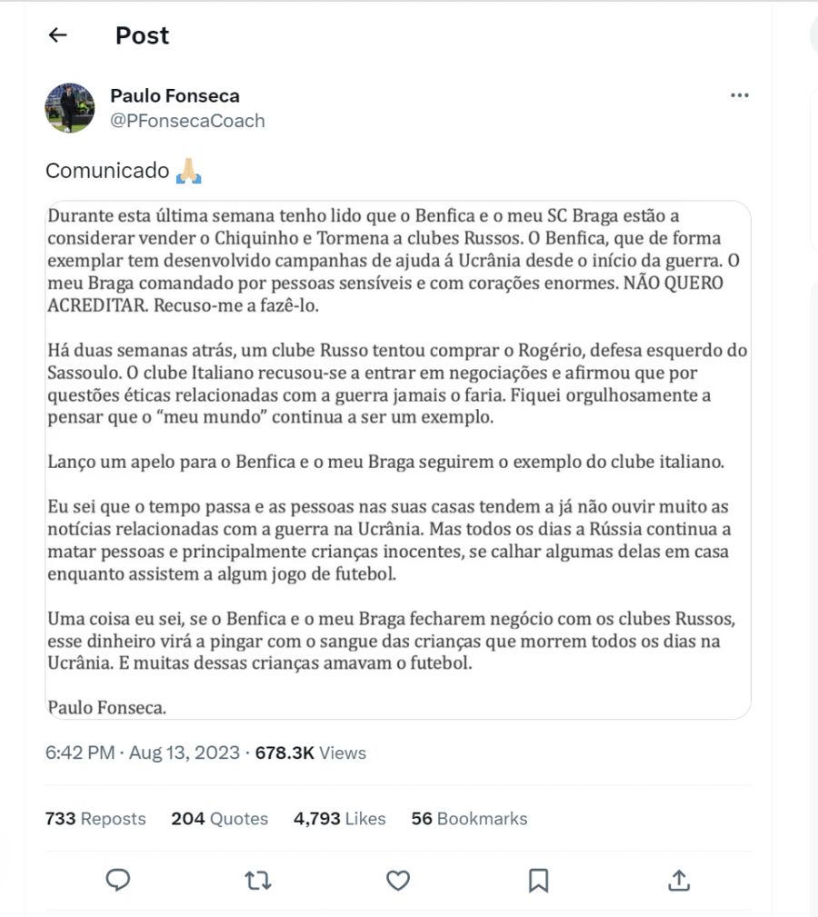 Paulo Fonseca Twitter Botschaft