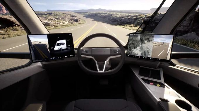 Das Fahrercockpit ist minimalistisch, digital und optional mit der Tesla Autopilot-Software ausgestattet Tesla Semi Truck