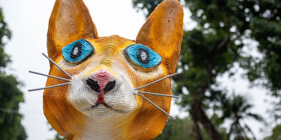 Die Statue einer grossen Katze ist in Hanoi aufgebaut. In Vietnam haben unzählige, teils überdimensionale Stubentiger Einzug gehalten. Grund: Im Land am Mekong beginnt an diesem Wochenende das Jahr der Katze.