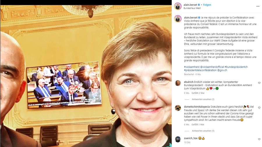 Bundespräsident Alain Berset gratuliert Vizebundespräsidentin Viola Amherd auf Instagram zur Wahl und markiert das Fake-Konto.