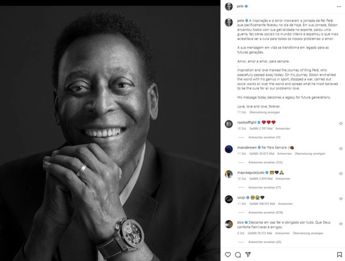 «Liebe, Liebe, Liebe – für immer!» So lautet die letzte Botschaft von Pelé (†82). Pelé
