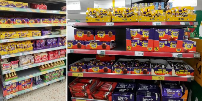 Britische Supermärkte haben zu Weihnachten schon die Regale für Ostern eingeräumt. oster-schokolade weihnachten