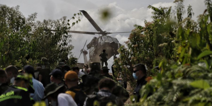 Soldaten sind auf Koka-Plantagen im Einsatz.