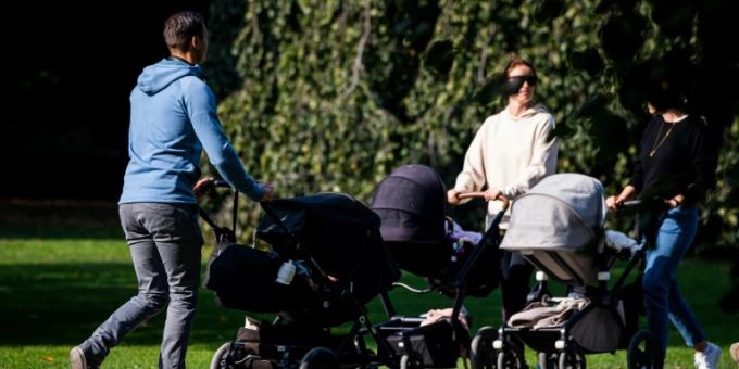 Einn Gedränge auf einer Wiese: Eltern mit Kinderwagen in Stockholm Kinderwagen.